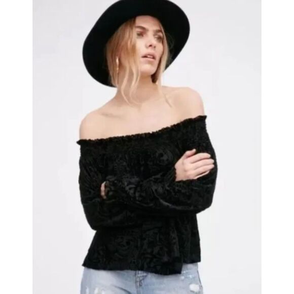 Free People A Little Twist Off Shoulder Velvet Top Women Medium Black Sheer Boho - Picture 1 of 7
